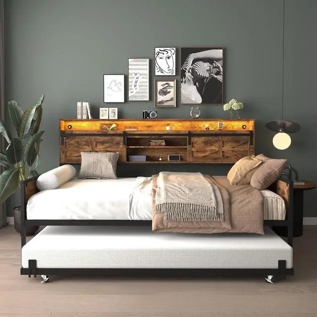 Alt view image 5 of 7 - Wooden Twin Daybed with Trundle, Day Bed Frame with Sliding Barn Door Headboard and Storage Shelves, Farmhouse Daybed with Charging Station & LED Light for Bedroom and Guest Room, Rustic Brown