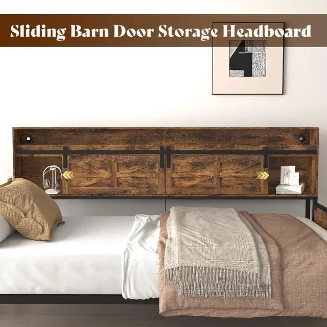 Alt view image 6 of 7 - Wooden Twin Daybed with Trundle, Day Bed Frame with Sliding Barn Door Headboard and Storage Shelves, Farmhouse Daybed with Charging Station & LED Light for Bedroom and Guest Room, Rustic Brown