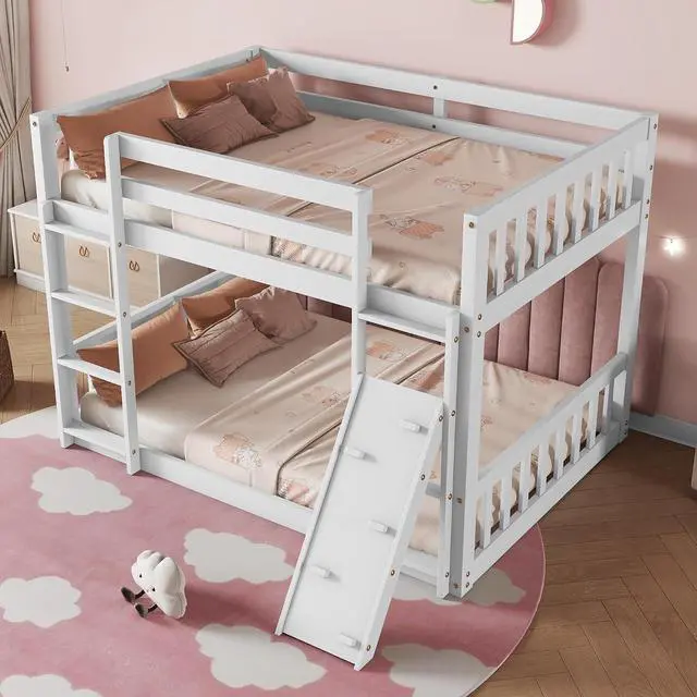 Alt view image 4 of 7 - Twin Over Twin Bunk Bed with Switchable Climbing Ramp,High Bed with Ladder & Safety Guardrails, Montessori Floor Wooden Bedframe, 2 Ways to Bed, Noise-Free for Kids' Bedroom, Dorm, or Guest Room