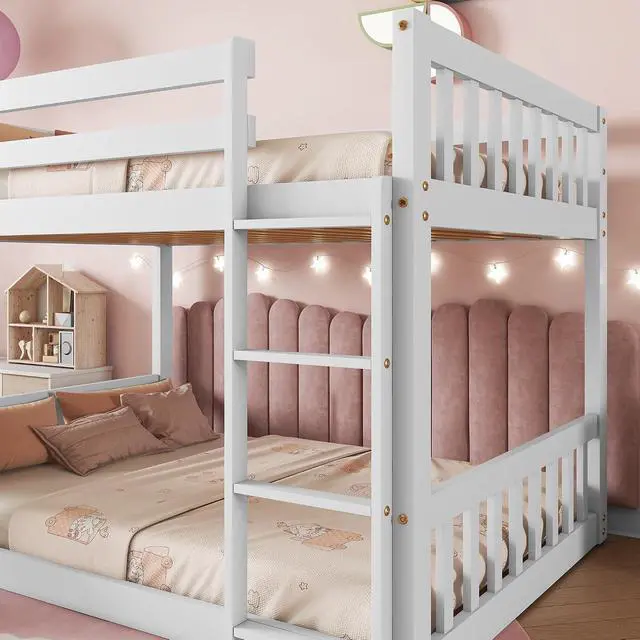 Alt view image 5 of 7 - Twin Over Twin Bunk Bed with Switchable Climbing Ramp,High Bed with Ladder & Safety Guardrails, Montessori Floor Wooden Bedframe, 2 Ways to Bed, Noise-Free for Kids' Bedroom, Dorm, or Guest Room