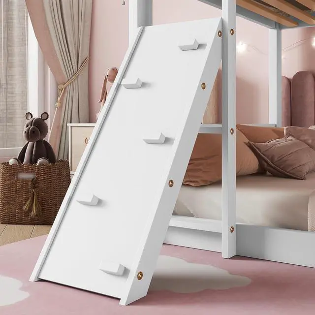 Alt view image 6 of 7 - Twin Over Twin Bunk Bed with Switchable Climbing Ramp,High Bed with Ladder & Safety Guardrails, Montessori Floor Wooden Bedframe, 2 Ways to Bed, Noise-Free for Kids' Bedroom, Dorm, or Guest Room