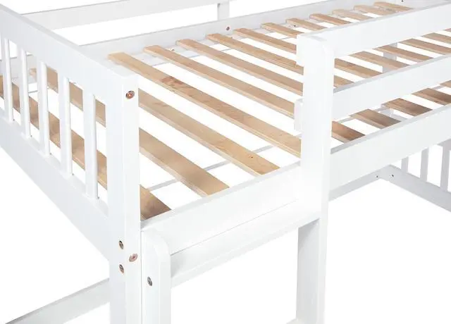 Alt view image 7 of 7 - Twin Over Twin Bunk Bed with Switchable Climbing Ramp,High Bed with Ladder & Safety Guardrails, Montessori Floor Wooden Bedframe, 2 Ways to Bed, Noise-Free for Kids' Bedroom, Dorm, or Guest Room