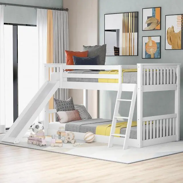 Main image of Twin Over Twin Floor Bunk Bed with Convertible Slide and Ladder, Ladder & Playhouse Design, Safety Guardrails, No Box Spring Needed, Noise-Free for Kids' Bedroom, Dorm, or Guest Room
