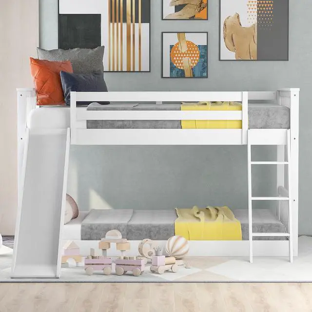 Alt view image 2 of 7 - Twin Over Twin Floor Bunk Bed with Convertible Slide and Ladder, Ladder & Playhouse Design, Safety Guardrails, No Box Spring Needed, Noise-Free for Kids' Bedroom, Dorm, or Guest Room