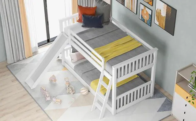 Alt view image 4 of 7 - Twin Over Twin Floor Bunk Bed with Convertible Slide and Ladder, Ladder & Playhouse Design, Safety Guardrails, No Box Spring Needed, Noise-Free for Kids' Bedroom, Dorm, or Guest Room