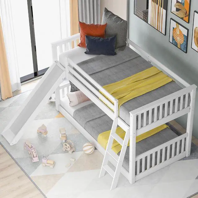 Alt view image 3 of 7 - Twin Over Twin Floor Bunk Bed with Convertible Slide and Ladder, Ladder & Playhouse Design, Safety Guardrails, No Box Spring Needed, Noise-Free for Kids' Bedroom, Dorm, or Guest Room
