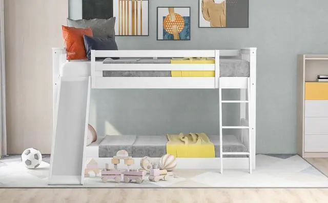 Alt view image 5 of 7 - Twin Over Twin Floor Bunk Bed with Convertible Slide and Ladder, Ladder & Playhouse Design, Safety Guardrails, No Box Spring Needed, Noise-Free for Kids' Bedroom, Dorm, or Guest Room