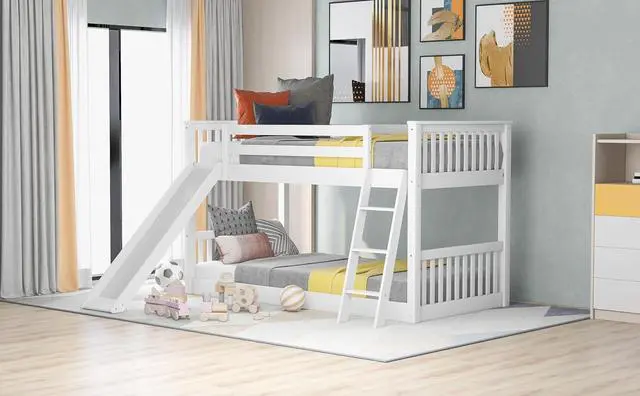 Alt view image 6 of 7 - Twin Over Twin Floor Bunk Bed with Convertible Slide and Ladder, Ladder & Playhouse Design, Safety Guardrails, No Box Spring Needed, Noise-Free for Kids' Bedroom, Dorm, or Guest Room