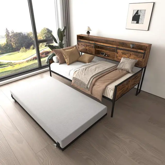 Alt view image 7 of 7 - Wooden Twin Daybed with Trundle, Day Bed Frame with Sliding Barn Door Headboard and Storage Shelves, Farmhouse Daybed with Charging Station & LED Light for Bedroom and Guest Room, Rustic Brown