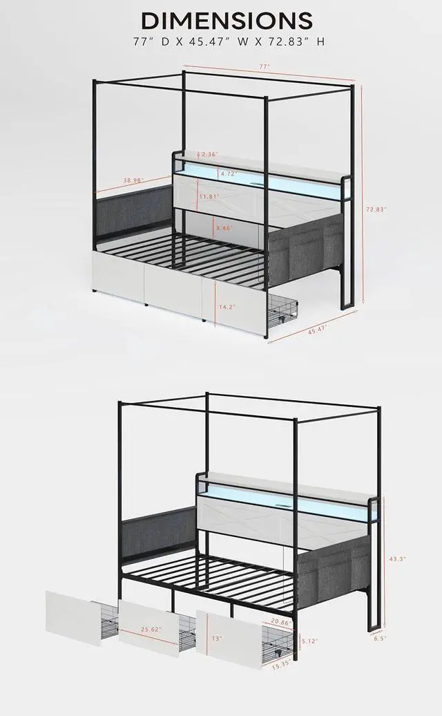 Alt view image 2 of 6 - Twin Size Daybed with 3 Storage Drawers, Metal House Bedframe with Storage Shelf, LED Lights and Charging Station, Boys Girls Single Guest Bed with Side Pockets, White