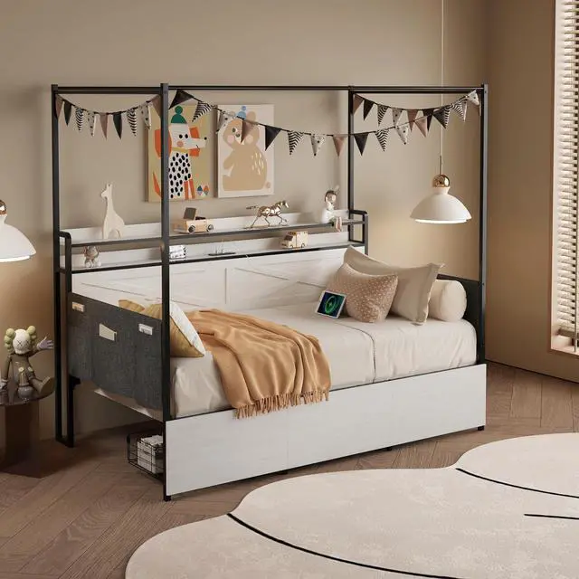 Main image of Twin Size Daybed with 3 Storage Drawers, Metal House Bedframe with Storage Shelf, LED Lights and Charging Station, Boys Girls Single Guest Bed with Side Pockets, White