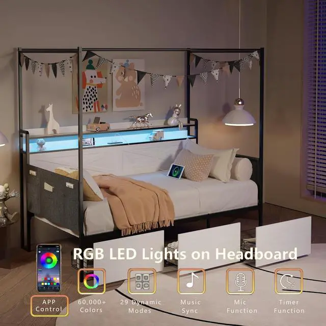 Alt view image 3 of 6 - Twin Size Daybed with 3 Storage Drawers, Metal House Bedframe with Storage Shelf, LED Lights and Charging Station, Boys Girls Single Guest Bed with Side Pockets, White