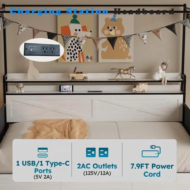 Alt view image 4 of 6 - Twin Size Daybed with 3 Storage Drawers, Metal House Bedframe with Storage Shelf, LED Lights and Charging Station, Boys Girls Single Guest Bed with Side Pockets, White