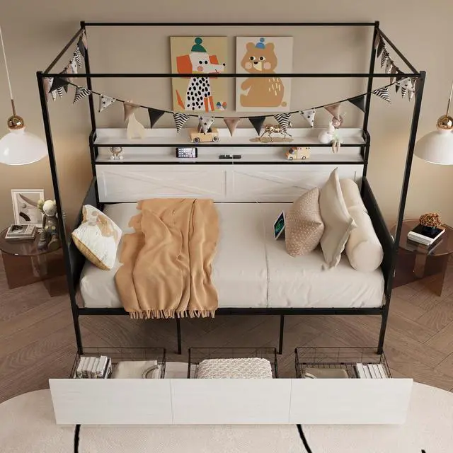 Alt view image 6 of 6 - Twin Size Daybed with 3 Storage Drawers, Metal House Bedframe with Storage Shelf, LED Lights and Charging Station, Boys Girls Single Guest Bed with Side Pockets, White