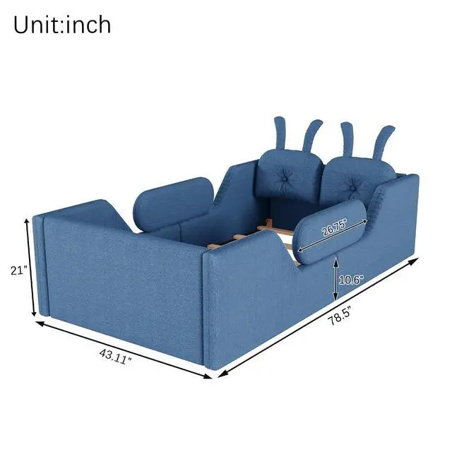 Alt view image 2 of 7 - Twin Floor Bed with Removable Side Rails, Upholstered Platform Bedframe with Removable Cushion and Washable Cushion Cover, Boys Girls Single Bed with Safety Rail and Rabbit Shaped Back Pillows, Blue