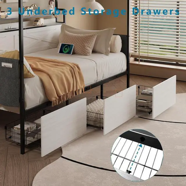 Alt view image 5 of 6 - Twin Size Daybed with 3 Storage Drawers, Metal House Bedframe with Storage Shelf, LED Lights and Charging Station, Boys Girls Single Guest Bed with Side Pockets, White