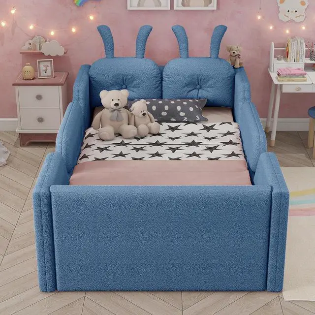 Alt view image 3 of 7 - Twin Floor Bed with Removable Side Rails, Upholstered Platform Bedframe with Removable Cushion and Washable Cushion Cover, Boys Girls Single Bed with Safety Rail and Rabbit Shaped Back Pillows, Blue
