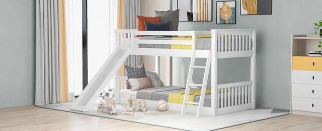 Alt view image 7 of 7 - Twin Over Twin Floor Bunk Bed with Convertible Slide and Ladder, Ladder & Playhouse Design, Safety Guardrails, No Box Spring Needed, Noise-Free for Kids' Bedroom, Dorm, or Guest Room