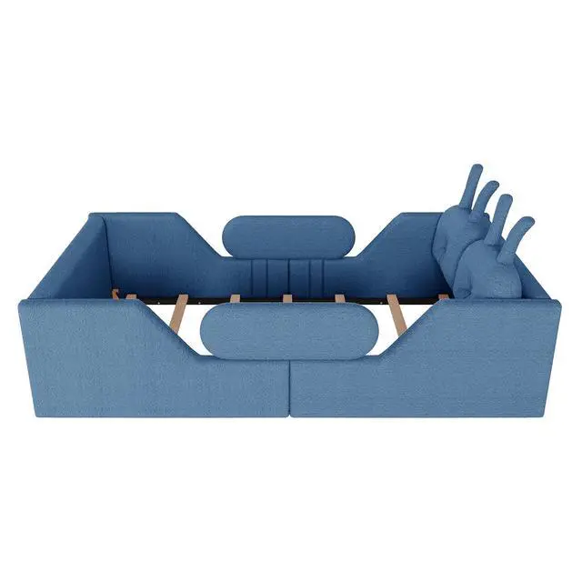 Alt view image 5 of 7 - Twin Floor Bed with Removable Side Rails, Upholstered Platform Bedframe with Removable Cushion and Washable Cushion Cover, Boys Girls Single Bed with Safety Rail and Rabbit Shaped Back Pillows, Blue