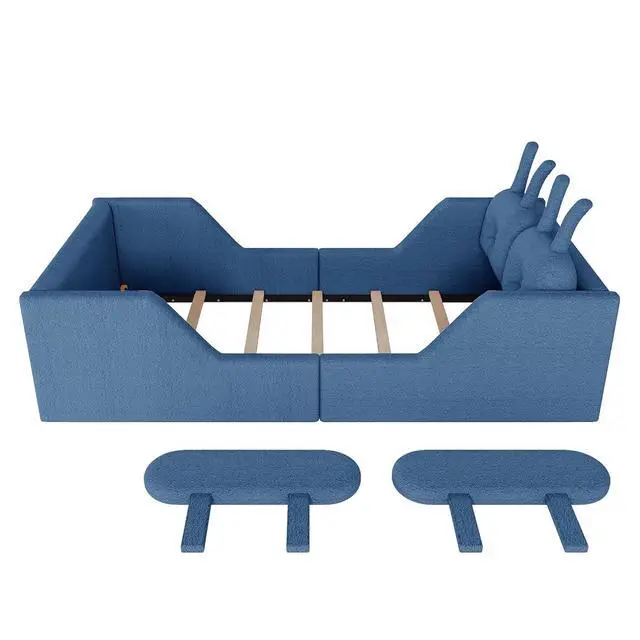 Alt view image 6 of 7 - Twin Floor Bed with Removable Side Rails, Upholstered Platform Bedframe with Removable Cushion and Washable Cushion Cover, Boys Girls Single Bed with Safety Rail and Rabbit Shaped Back Pillows, Blue