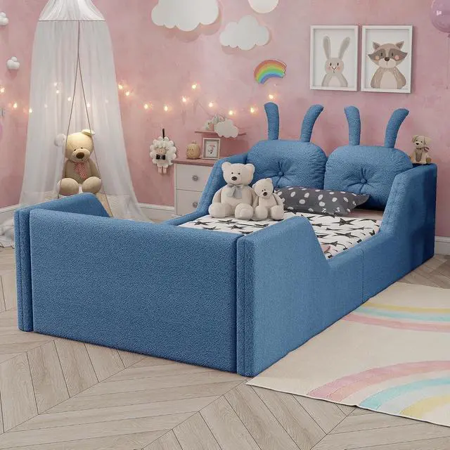 Alt view image 4 of 7 - Twin Floor Bed with Removable Side Rails, Upholstered Platform Bedframe with Removable Cushion and Washable Cushion Cover, Boys Girls Single Bed with Safety Rail and Rabbit Shaped Back Pillows, Blue