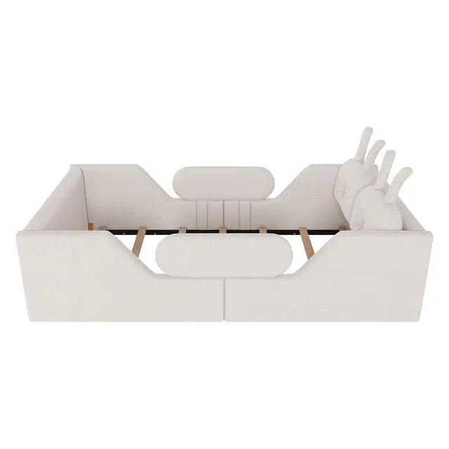 Alt view image 5 of 7 - Twin Floor Bed with Removable Side Rails, Upholstered Platform Bedframe with Removable Cushion and Washable Cushion Cover, Boys Girls Single Bed with Safety Rail and Rabbit Shaped Back Pillows, White
