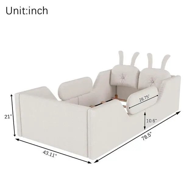 Alt view image 2 of 7 - Twin Floor Bed with Removable Side Rails, Upholstered Platform Bedframe with Removable Cushion and Washable Cushion Cover, Boys Girls Single Bed with Safety Rail and Rabbit Shaped Back Pillows, White