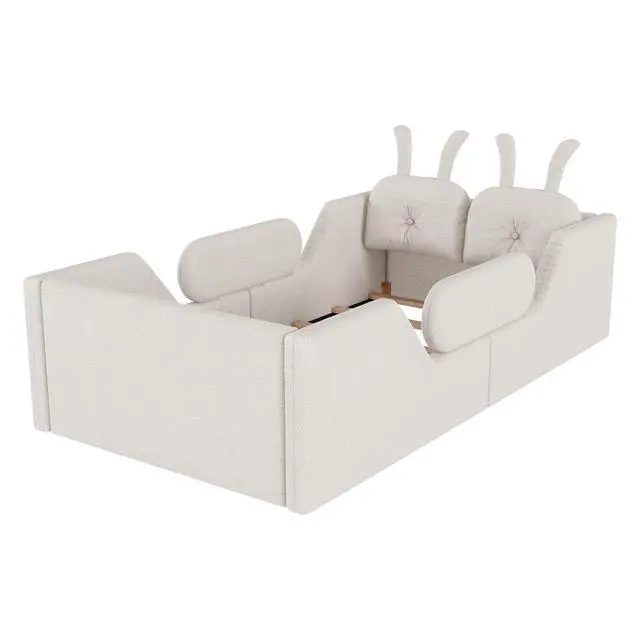 Alt view image 6 of 7 - Twin Floor Bed with Removable Side Rails, Upholstered Platform Bedframe with Removable Cushion and Washable Cushion Cover, Boys Girls Single Bed with Safety Rail and Rabbit Shaped Back Pillows, White