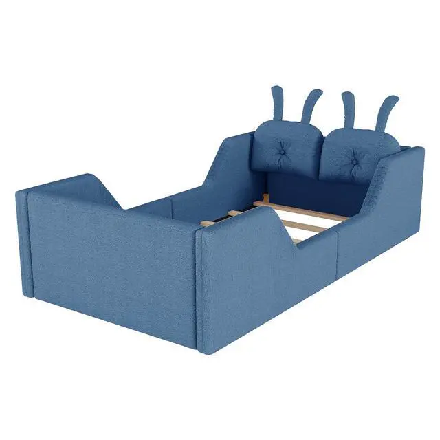 Alt view image 7 of 7 - Twin Floor Bed with Removable Side Rails, Upholstered Platform Bedframe with Removable Cushion and Washable Cushion Cover, Boys Girls Single Bed with Safety Rail and Rabbit Shaped Back Pillows, Blue