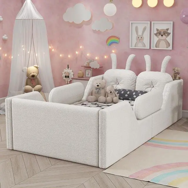Main image of Twin Floor Bed with Removable Side Rails, Upholstered Platform Bedframe with Removable Cushion and Washable Cushion Cover, Boys Girls Single Bed with Safety Rail and Rabbit Shaped Back Pillows, White