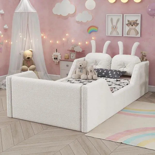 Alt view image 3 of 7 - Twin Floor Bed with Removable Side Rails, Upholstered Platform Bedframe with Removable Cushion and Washable Cushion Cover, Boys Girls Single Bed with Safety Rail and Rabbit Shaped Back Pillows, White