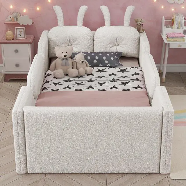 Alt view image 4 of 7 - Twin Floor Bed with Removable Side Rails, Upholstered Platform Bedframe with Removable Cushion and Washable Cushion Cover, Boys Girls Single Bed with Safety Rail and Rabbit Shaped Back Pillows, White