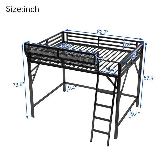 Alt view image 2 of 7 - Queen Size Loft Bed with Stairs, Metal High Loft Bed with Storage Shelf, Full-Length Guardrail for Kids Teens Small Space Bedroom Guest Room, Black