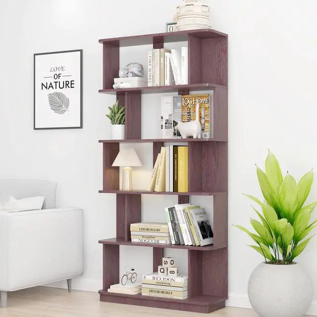 Main image of 5 Tier Bookshelf with Side Panels, 64.56" Wooden Bookcase with Round Edge, Open Storage Display Shelving for Living Room Home Office Bedroom Decor Organizer, Media Storage Shelves, Ox Blood Red