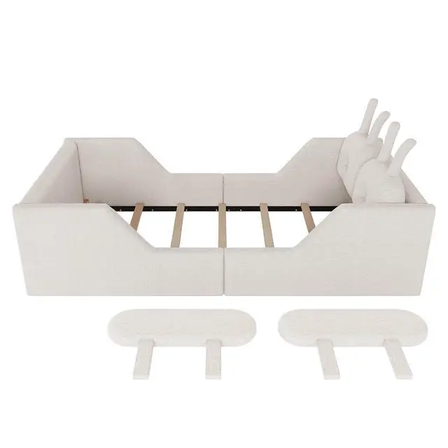 Alt view image 7 of 7 - Twin Floor Bed with Removable Side Rails, Upholstered Platform Bedframe with Removable Cushion and Washable Cushion Cover, Boys Girls Single Bed with Safety Rail and Rabbit Shaped Back Pillows, White