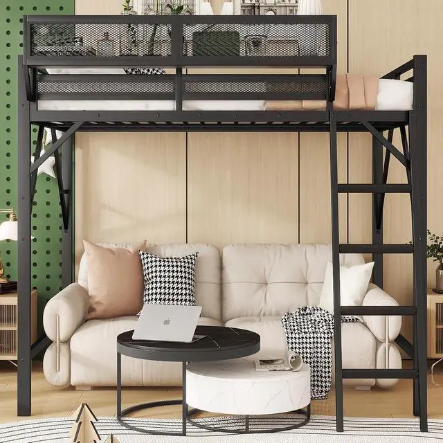 Alt view image 3 of 7 - Queen Size Loft Bed with Stairs, Metal High Loft Bed with Storage Shelf, Full-Length Guardrail for Kids Teens Small Space Bedroom Guest Room, Black