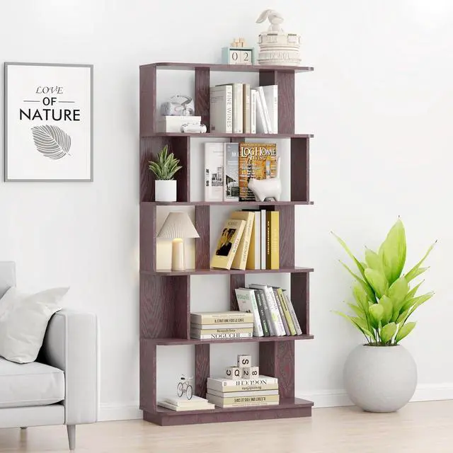 Alt view image 3 of 7 - 5 Tier Bookshelf with Side Panels, 64.56" Wooden Bookcase with Round Edge, Open Storage Display Shelving for Living Room Home Office Bedroom Decor Organizer, Media Storage Shelves, Ox Blood Red