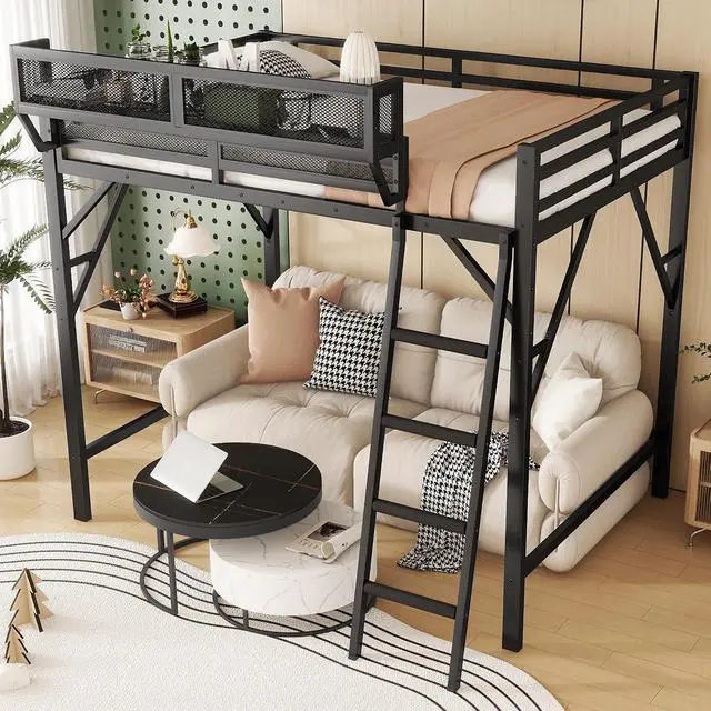 Alt view image 4 of 7 - Queen Size Loft Bed with Stairs, Metal High Loft Bed with Storage Shelf, Full-Length Guardrail for Kids Teens Small Space Bedroom Guest Room, Black