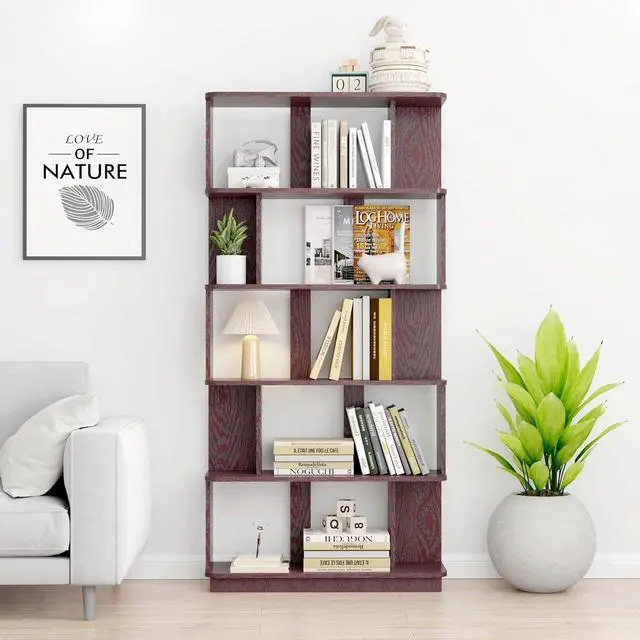 Alt view image 4 of 7 - 5 Tier Bookshelf with Side Panels, 64.56" Wooden Bookcase with Round Edge, Open Storage Display Shelving for Living Room Home Office Bedroom Decor Organizer, Media Storage Shelves, Ox Blood Red