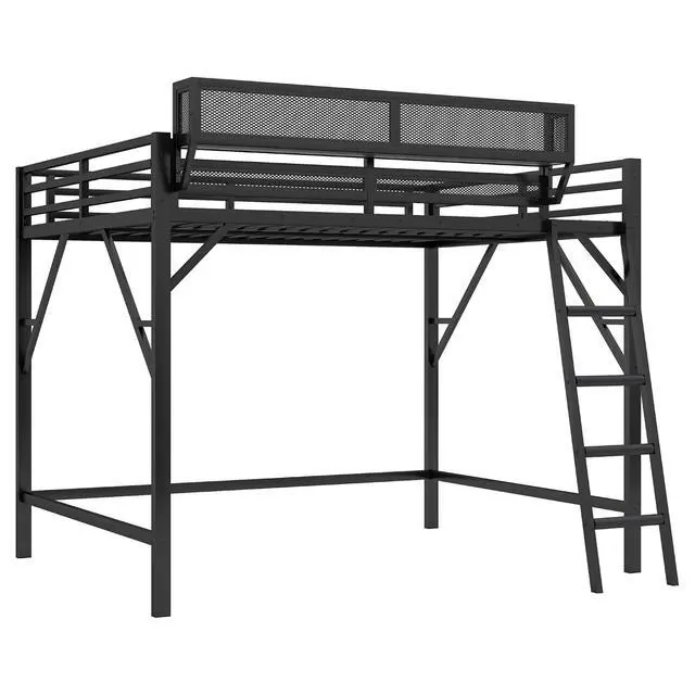 Alt view image 7 of 7 - Queen Size Loft Bed with Stairs, Metal High Loft Bed with Storage Shelf, Full-Length Guardrail for Kids Teens Small Space Bedroom Guest Room, Black