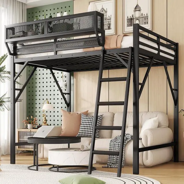Main image of Queen Size Loft Bed with Stairs, Metal High Loft Bed with Storage Shelf, Full-Length Guardrail for Kids Teens Small Space Bedroom Guest Room, Black