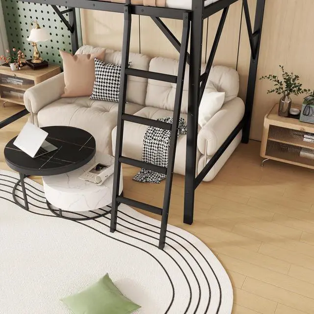Alt view image 5 of 7 - Queen Size Loft Bed with Stairs, Metal High Loft Bed with Storage Shelf, Full-Length Guardrail for Kids Teens Small Space Bedroom Guest Room, Black