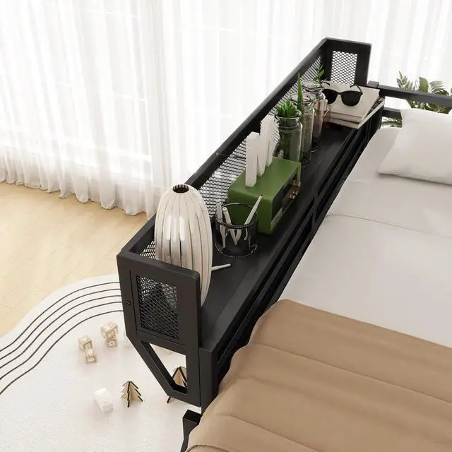 Alt view image 6 of 7 - Queen Size Loft Bed with Stairs, Metal High Loft Bed with Storage Shelf, Full-Length Guardrail for Kids Teens Small Space Bedroom Guest Room, Black