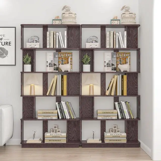 Alt view image 5 of 7 - 5 Tier Bookshelf with Side Panels, 64.56" Wooden Bookcase with Round Edge, Open Storage Display Shelving for Living Room Home Office Bedroom Decor Organizer, Media Storage Shelves, Ox Blood Red