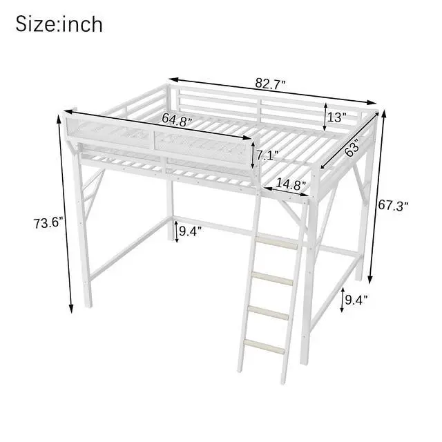 Alt view image 2 of 7 - Queen Size Loft Bed with Stairs, Metal High Loft Bed with Storage Shelf, Full-Length Guardrail for Kids Teens Small Space Bedroom Guest Room, White