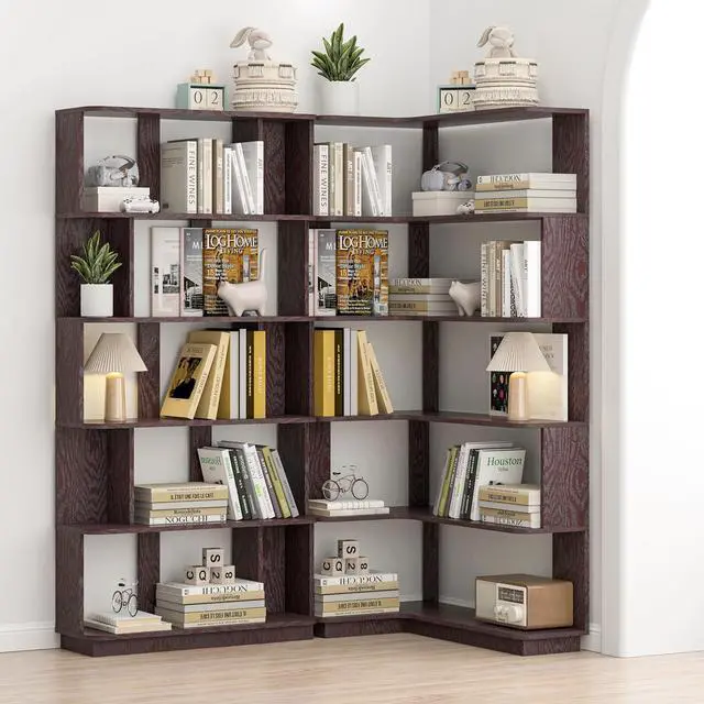 Alt view image 6 of 7 - 5 Tier Bookshelf with Side Panels, 64.56" Wooden Bookcase with Round Edge, Open Storage Display Shelving for Living Room Home Office Bedroom Decor Organizer, Media Storage Shelves, Ox Blood Red