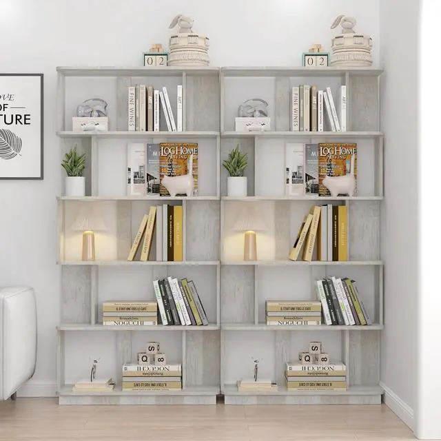 Alt view image 5 of 7 - 5 Tier Bookshelf with Side Panels, 64.56" Wooden Bookcase with Round Edge, Open Storage Display Shelving for Living Room Home Office Bedroom Decor Organizer, Media Storage Shelves, Light Gray