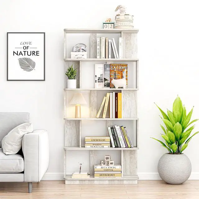 Alt view image 3 of 7 - 5 Tier Bookshelf with Side Panels, 64.56" Wooden Bookcase with Round Edge, Open Storage Display Shelving for Living Room Home Office Bedroom Decor Organizer, Media Storage Shelves, Light Gray
