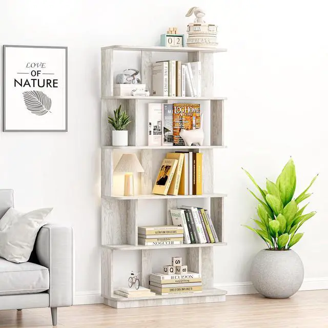 Alt view image 4 of 7 - 5 Tier Bookshelf with Side Panels, 64.56" Wooden Bookcase with Round Edge, Open Storage Display Shelving for Living Room Home Office Bedroom Decor Organizer, Media Storage Shelves, Light Gray