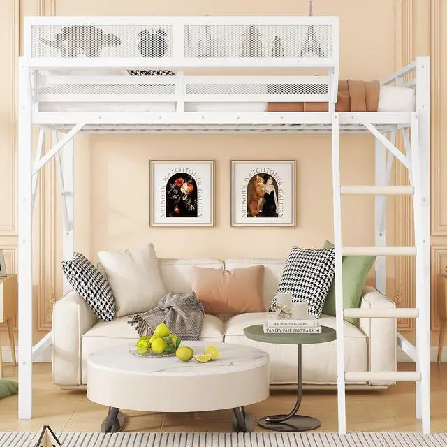 Alt view image 3 of 7 - Queen Size Loft Bed with Stairs, Metal High Loft Bed with Storage Shelf, Full-Length Guardrail for Kids Teens Small Space Bedroom Guest Room, White